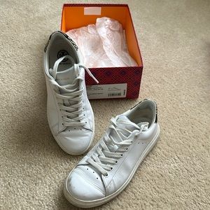 Tory Burch white Howell court snake printed leather sneaker.